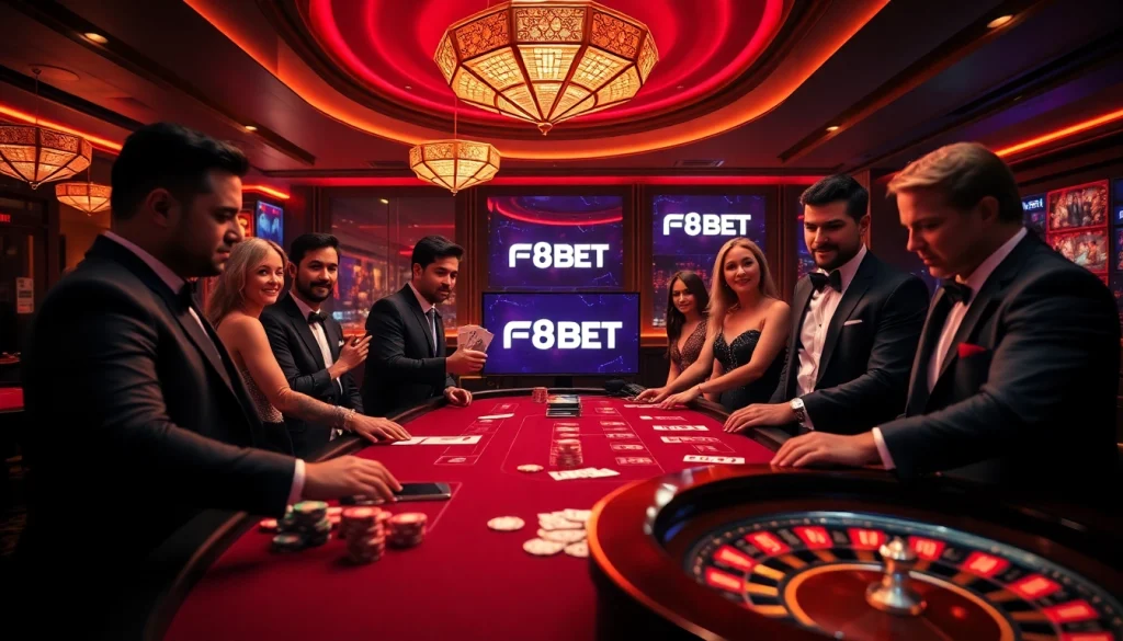 F8BET engaging players at a luxury casino table with chips and cards