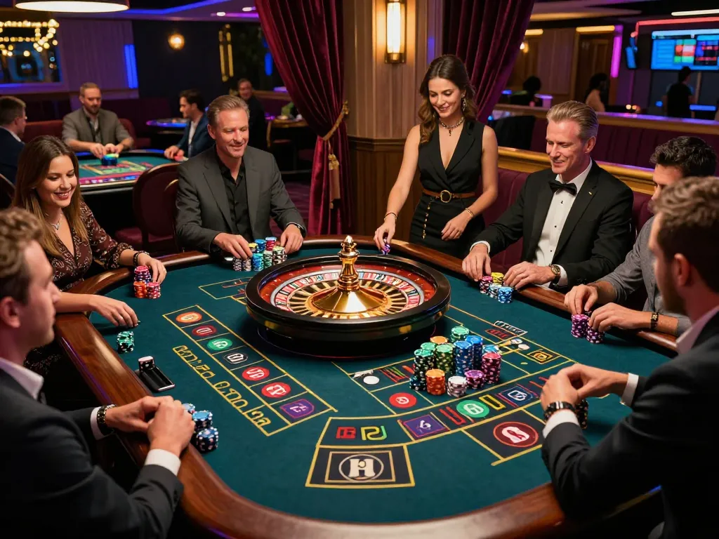 Players engaging in an exciting game of roulette at hbet casino, showcasing chips and dynamic gameplay