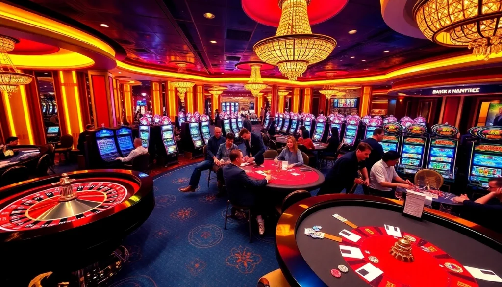TK88 players enjoying a thrilling casino experience with vibrant tables and slot machines.