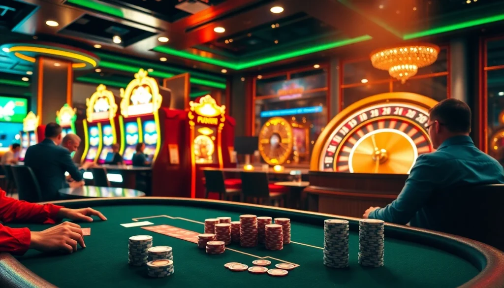 F168 online casino scene with vibrant poker table and exciting slot machines.