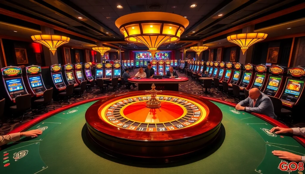 Players enjoying the thrill of GO8 casino games with vibrant tables and engaging slot machines.