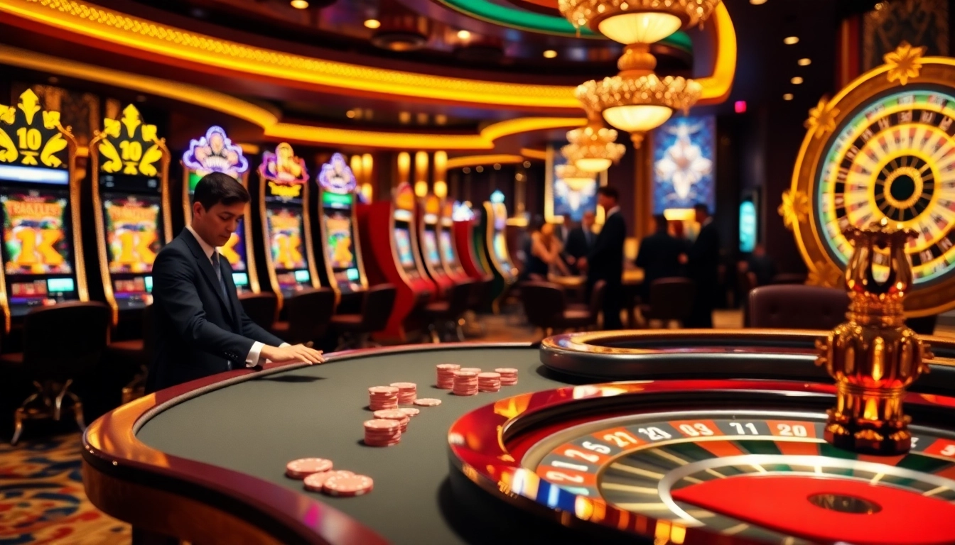 Nohu90 casino experience showcasing vibrant slot machines, thrilling poker table action, and a spinning roulette wheel.