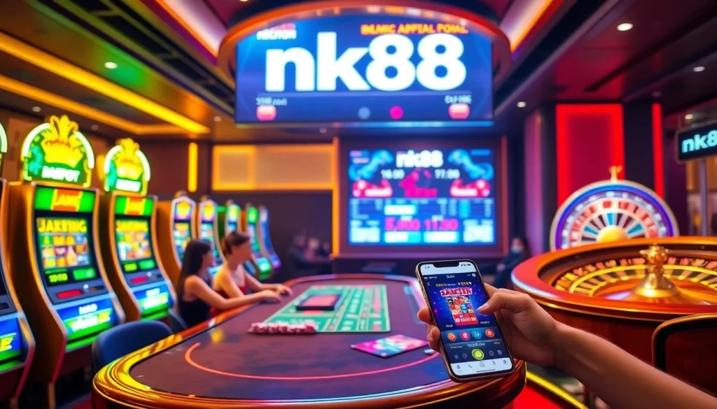Players enjoying their favorite games at the nk88 online casino, featuring vibrant slot machines and live betting options.