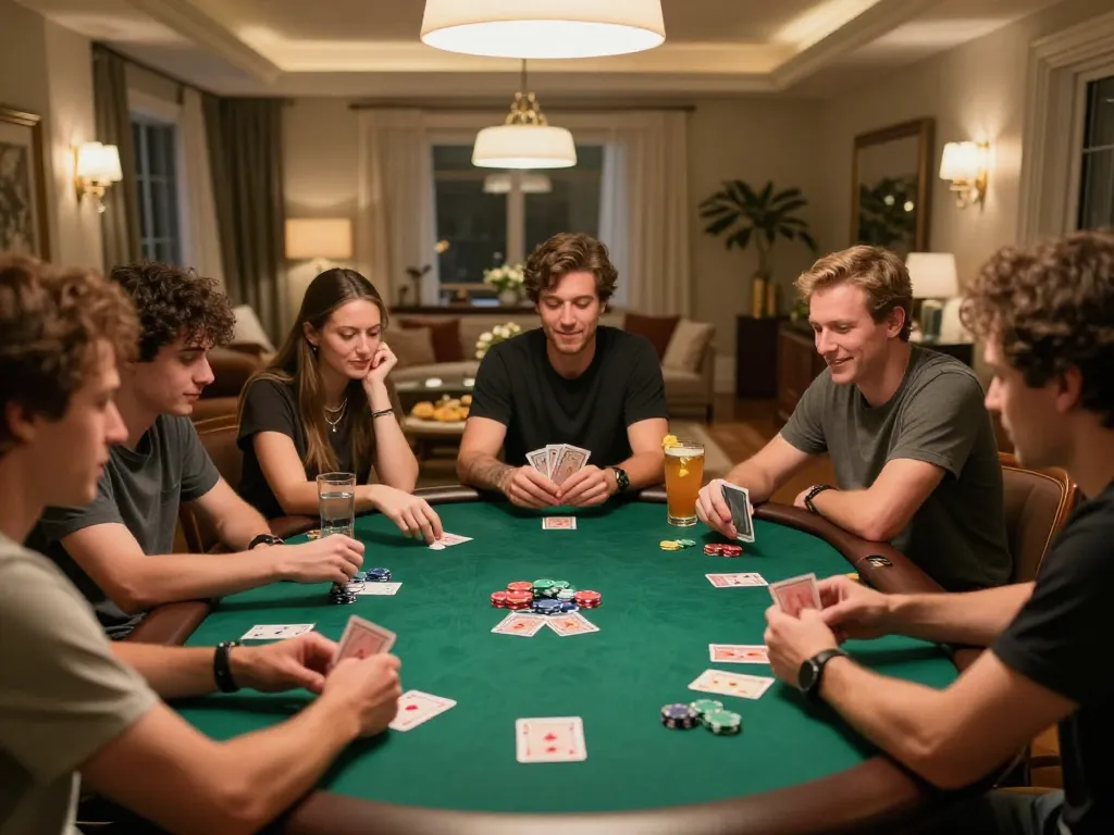 MM88 players competing in a strategic home poker night with chips and cards laid out, capturing excitement and camaraderie.