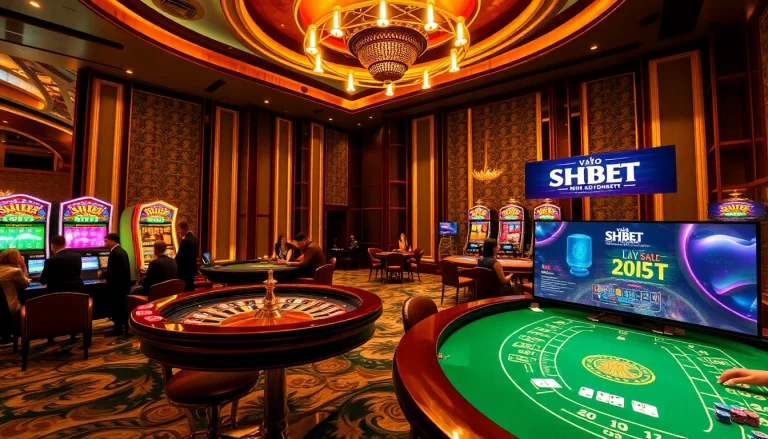 Engage in thrilling play at the casino with modern betting options 'vào SHBET mới nhất' displayed in a vibrant setting.