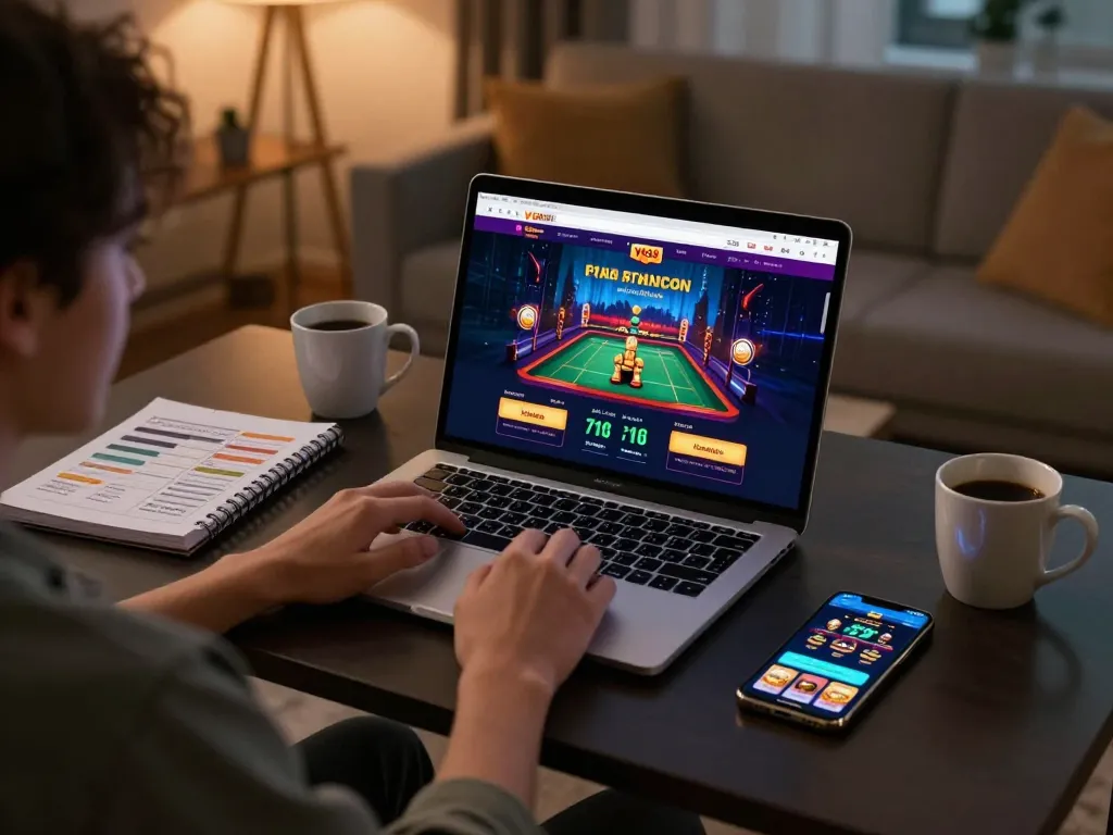 Engaged player strategizing for online gambling at VK88 with cozy home setup.