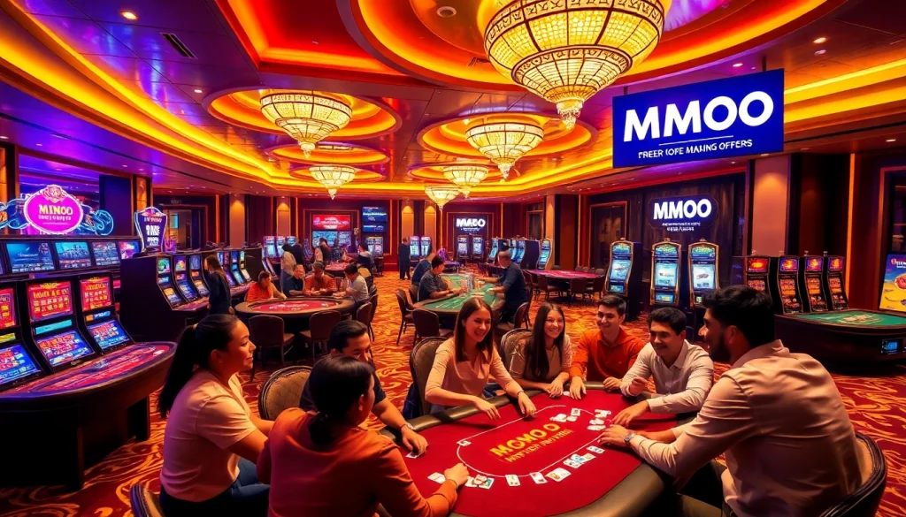 Players enjoying casino games at MMOO, showcasing vibrant roulette tables and slot machines.
