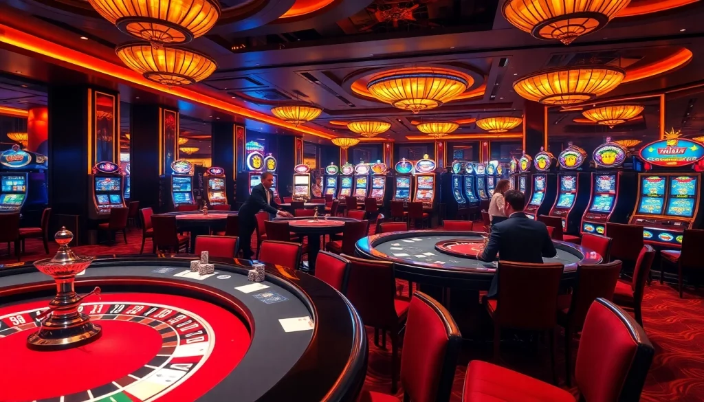 A vibrant gaming scene at https://888vina.com/ showcasing professional casino tables filled with cards and lively slot machines.