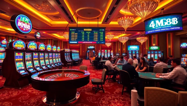 Exciting casino action at MM88 with vibrant slot machines and a roulette wheel in a luxurious setting.