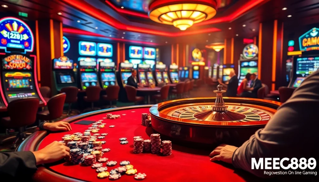 Experience the thrill of MEGA888 gaming with vibrant casino action and lively players at the table.