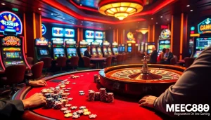 Experience the thrill of MEGA888 gaming with vibrant casino action and lively players at the table.