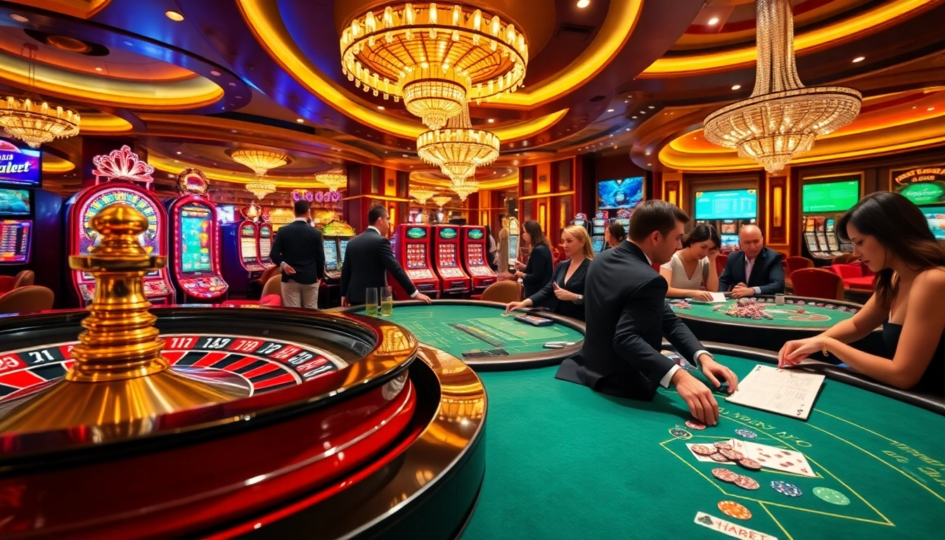 Thabet casino scene showcasing players in action at poker tables and roulette wheels.