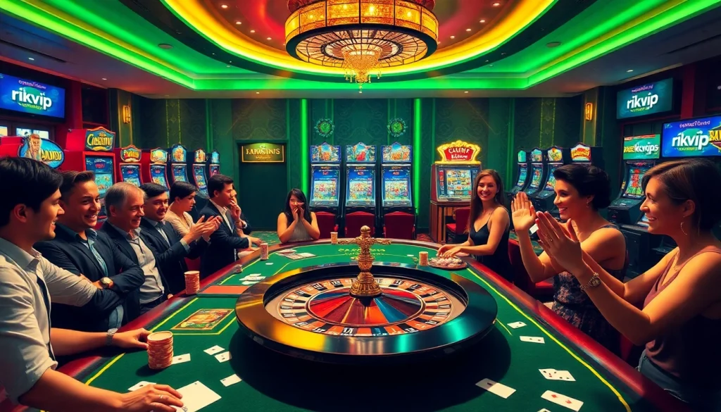 Experience the excitement of rikvip casino games at a vibrant gambling table with players.