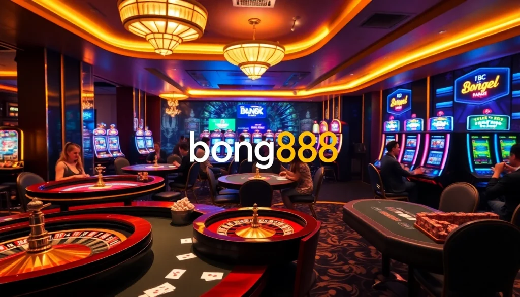 Bong88 players enjoying an engaging casino atmosphere with tables and gaming machines.