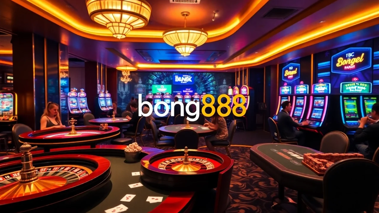 Bong88 players enjoying an engaging casino atmosphere with tables and gaming machines.