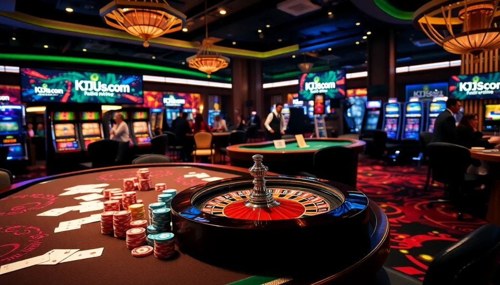 Kjc us com features an exciting casino scene with poker chips, cards, and a roulette wheel, showcasing the thrill of gambling.