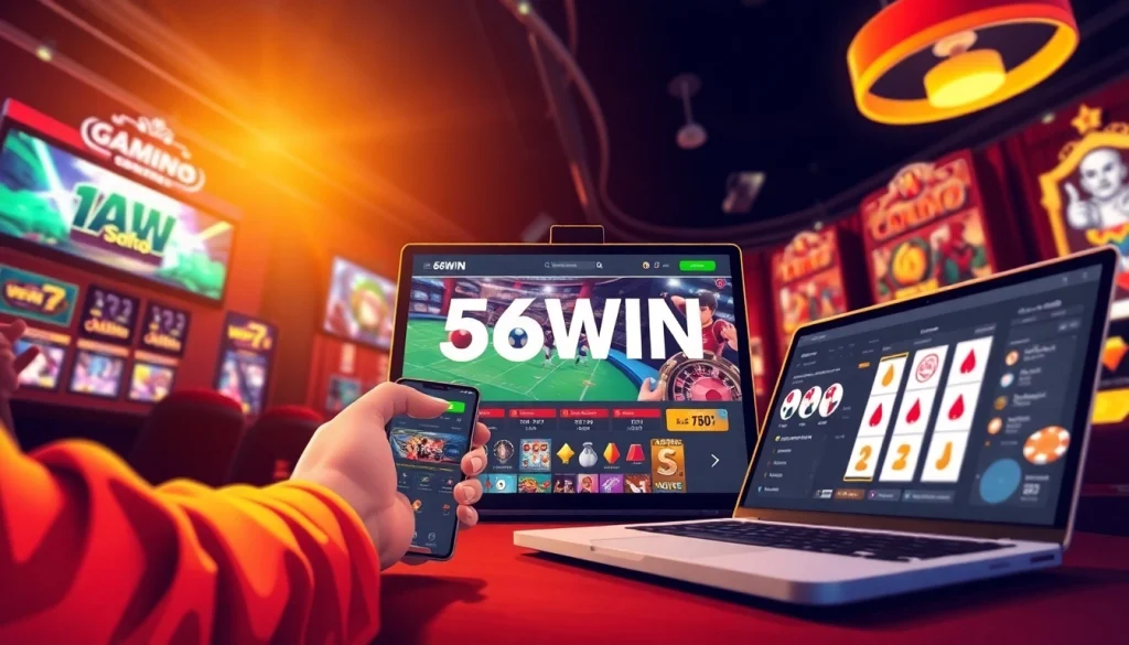 Exciting online gambling scene showcasing 56WIN's gaming options with dynamic visuals and a trustworthy atmosphere.