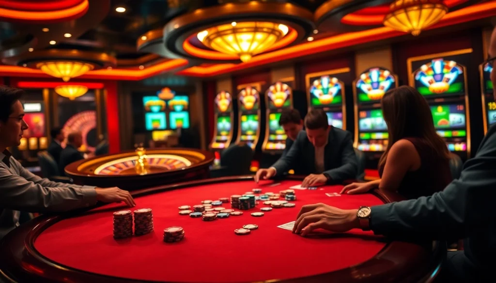 Engaging players around a poker table at KIM88, showcasing vibrant casino excitement and luxury.