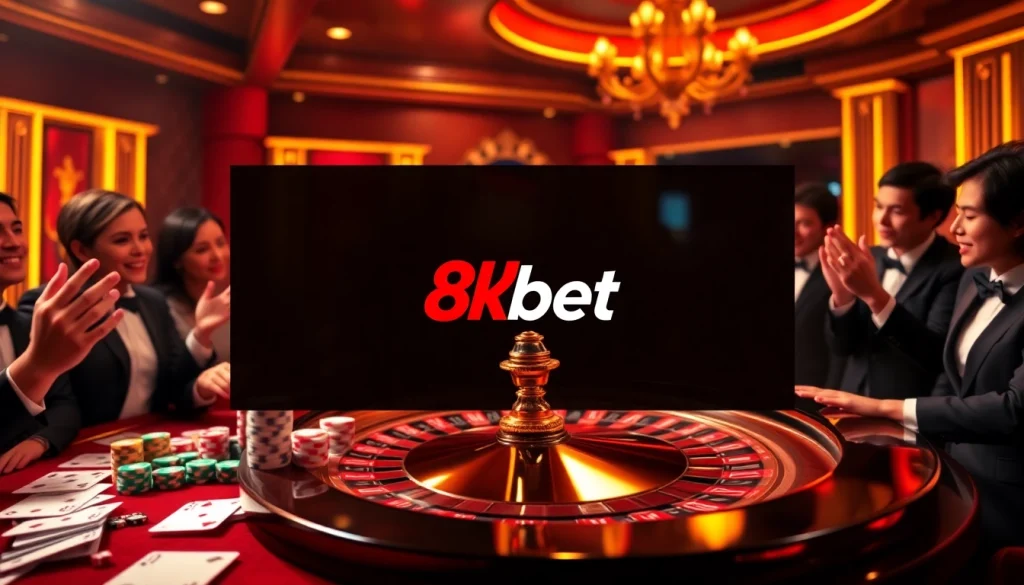 Experience the excitement of gambling with a vibrant scene showcasing 8kbet at a luxurious casino table.