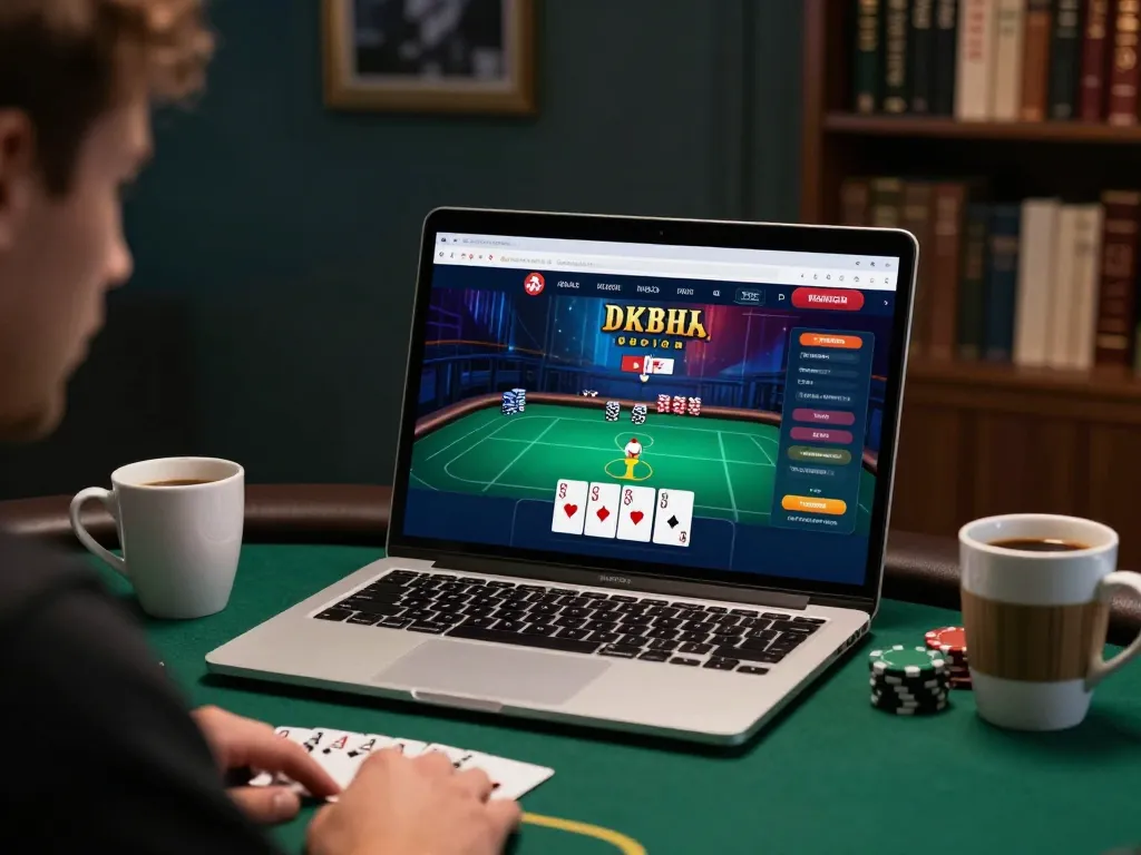 Player focused on cm88 online poker game interface with laptop and coffee cup in a cozy environment