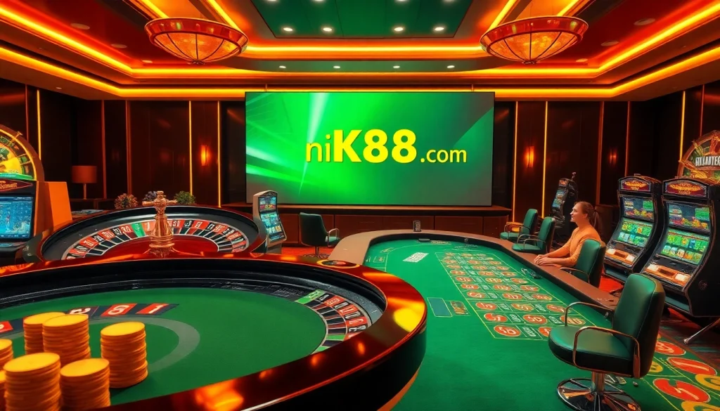 Nerve-wracking poker game at https://nk88nk.com/ within a vibrant casino setting filled with roulette and slots.
