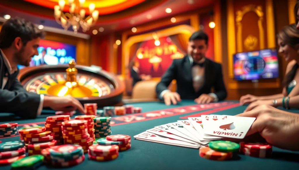 Experience thrilling poker action at vipwin casino, featuring vibrant chips and engaging gameplay.