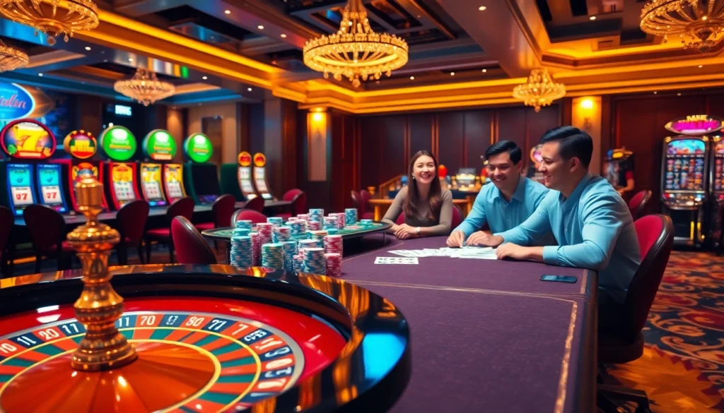 Experience the excitement of gambling at MM88 with a vibrant casino scene featuring roulette and slot machines.
