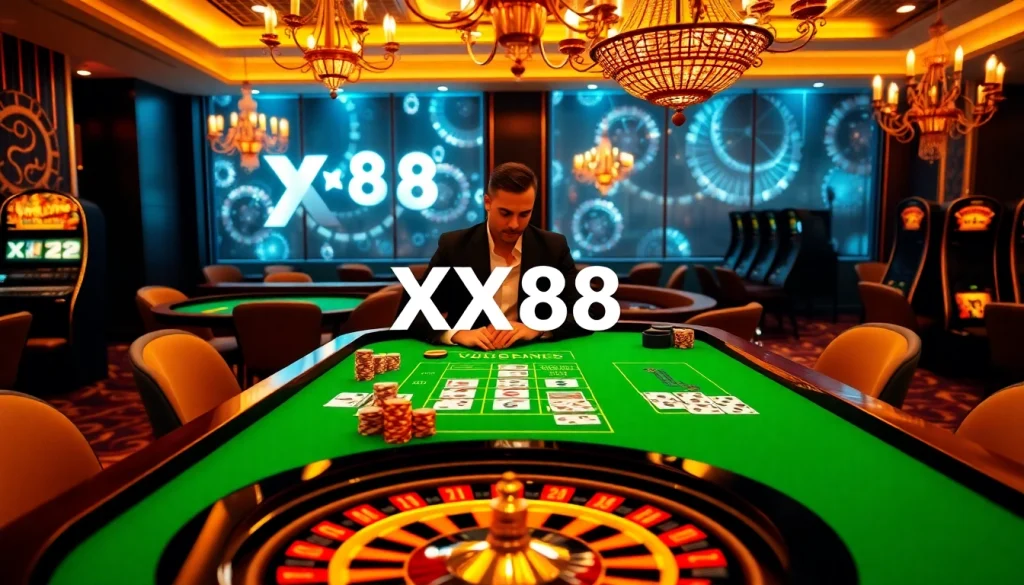Attractive casino scene with poker chips and XX88 branding, showcasing an exciting gambling atmosphere.
