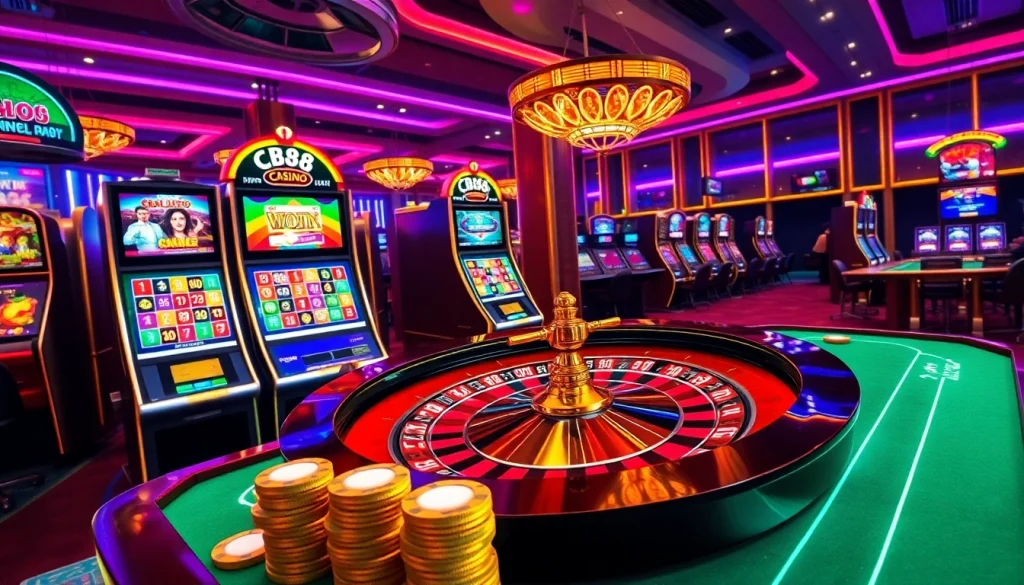 hb88 interactive gaming scene with colorful slot machines and roulette table action