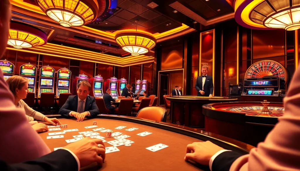 LUCK8 casino scene with poker tables, slot machines, and roulette wheel, showcasing excitement.