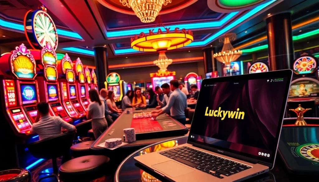 Luckywin players enjoying vibrant slot machines and thrilling games in a luxury casino setting.