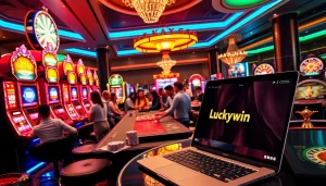 Luckywin players enjoying vibrant slot machines and thrilling games in a luxury casino setting.