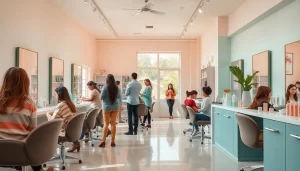 Engaging scene of a hair salon showcasing stylists at work and happy clients, highlighting hair salon reviews.
