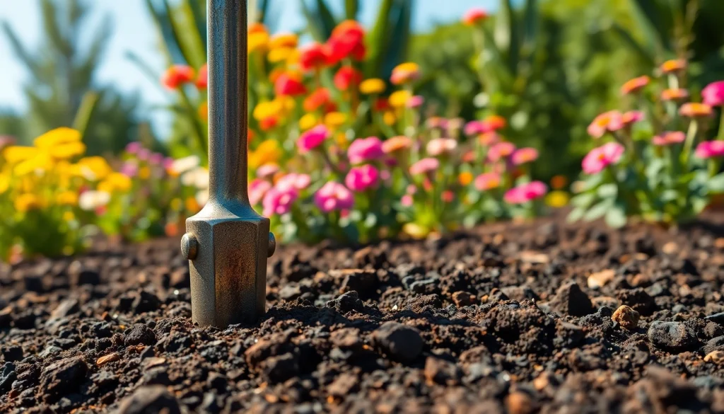 יתד אנקור נעוץ באדמה עשירה, המדגיש את העמידות והחוזק שלו ליישומי גינון.