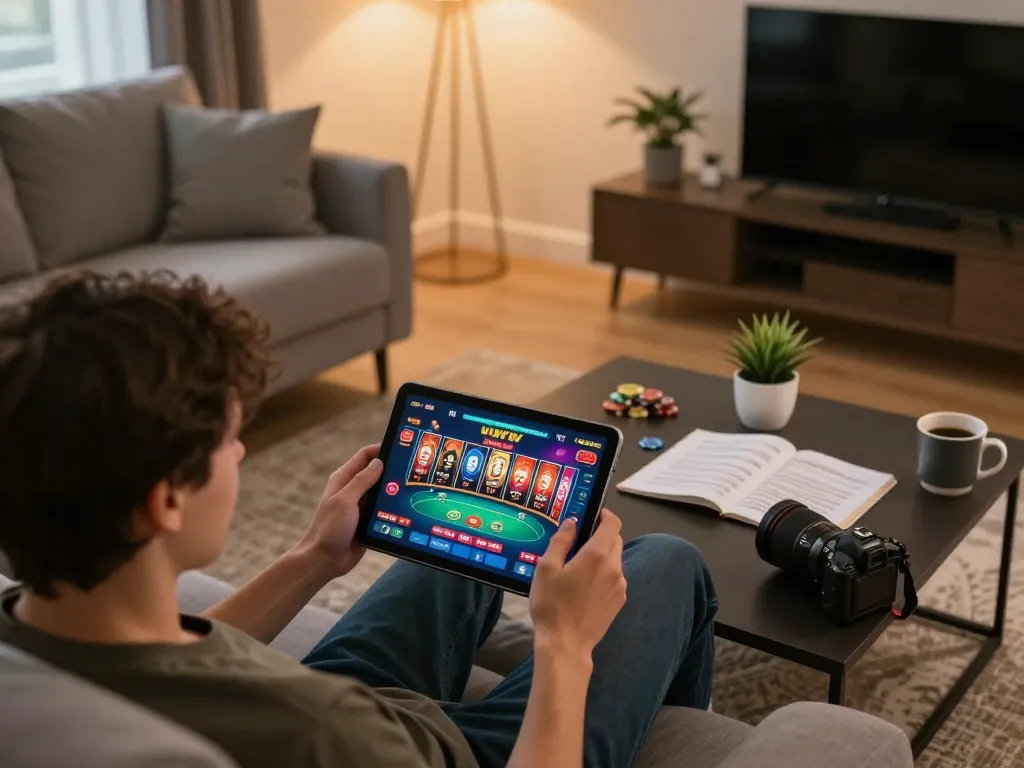 Engaging in online gambling with ww88 on a tablet in a cozy living room