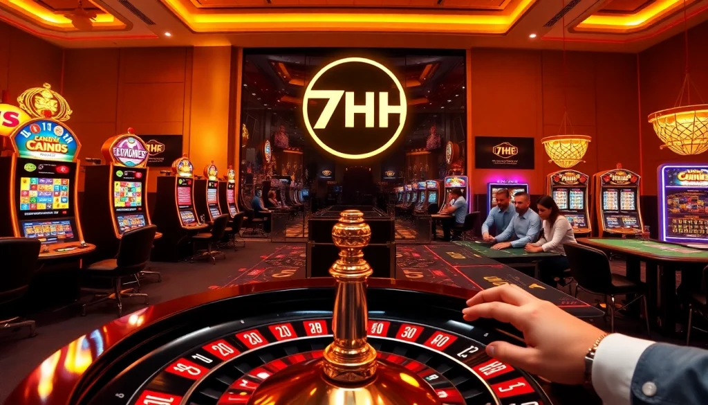Exciting gambling scene at 7HH casino highlighting roulette and poker tables.