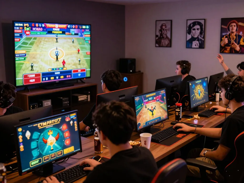 Engaged gamers enjoying Oke179’s live Thomo chicken fighting and casino games, vibrant atmosphere