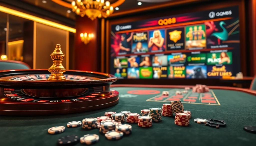 Players enjoying a thrilling game at QQ88's luxurious casino tables filled with chips.