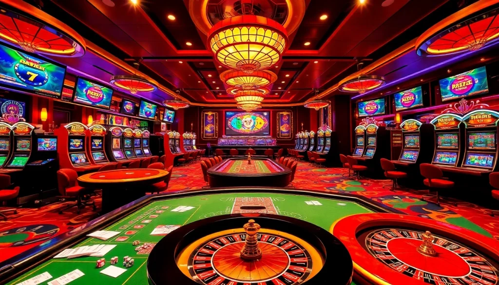 Enjoy an exciting gaming experience at https://rr88.autos/ with vibrant casino visuals featuring tables and slot machines.