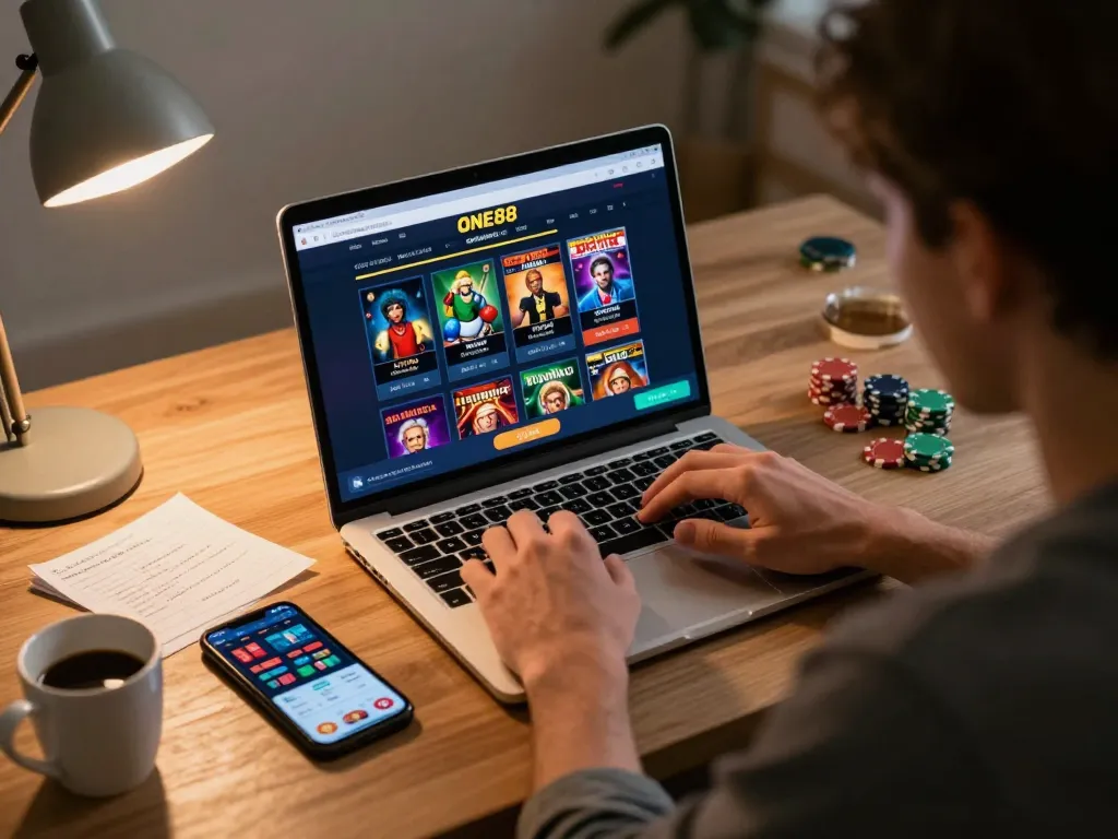 Engaging gaming session at home using ONE88 online casino interface with strategic betting notes.