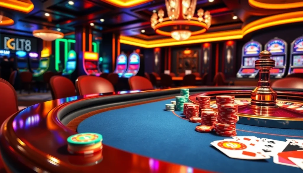 Experience the thrill of pg88 at a luxurious casino featuring poker tables and roulette wheels.