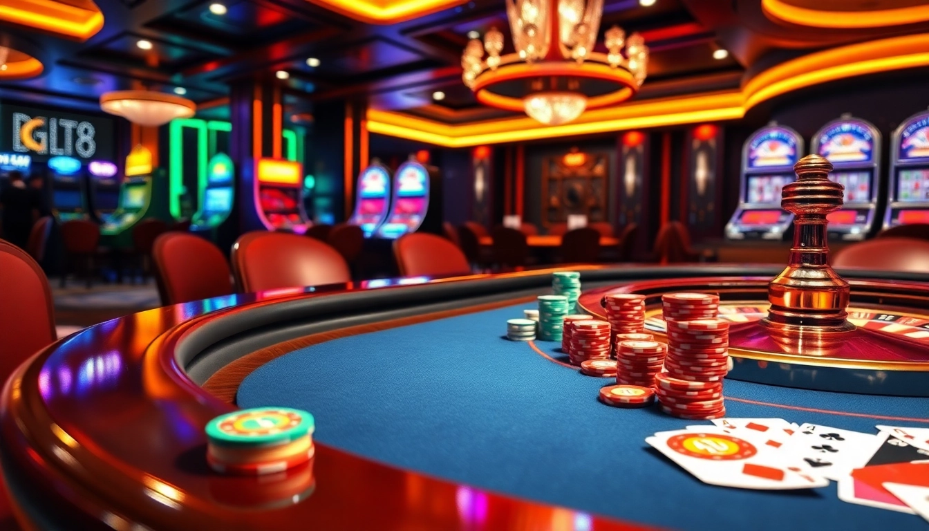 Experience the thrill of pg88 at a luxurious casino featuring poker tables and roulette wheels.