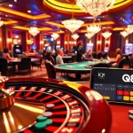 Experience iq88 gaming with an exciting roulette wheel and engaging casino tables in a luxurious setting.