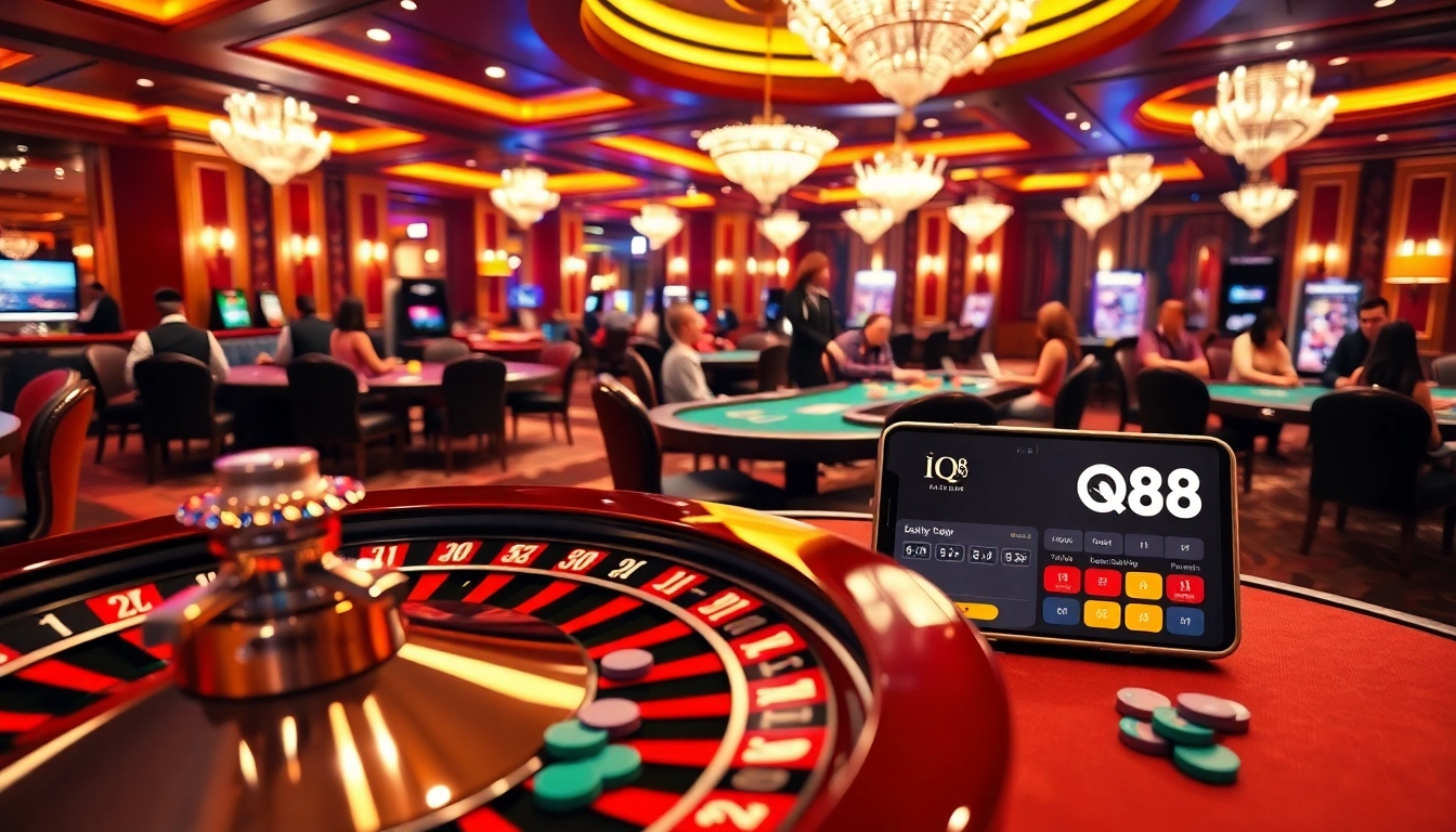 Experience iq88 gaming with an exciting roulette wheel and engaging casino tables in a luxurious setting.