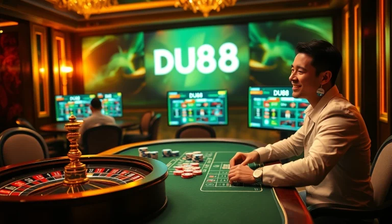Engaged player strategizing with DU88 poker chips at a luxury casino table.