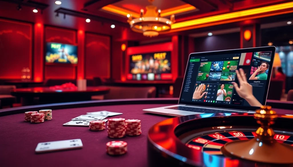 An exciting digital casino scene featuring poker chips, cards, and roulette, showcasing https://debet.jp.net/ online gambling experience.