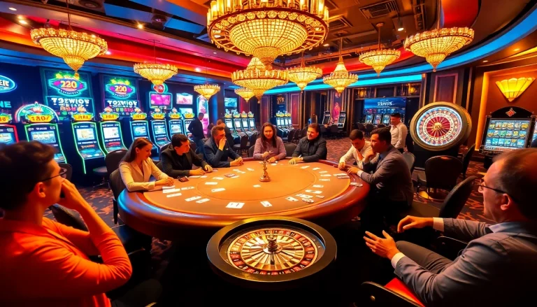 Players enjoying a high-stakes poker game at 33WIN casino, surrounded by vibrant slot machines.
