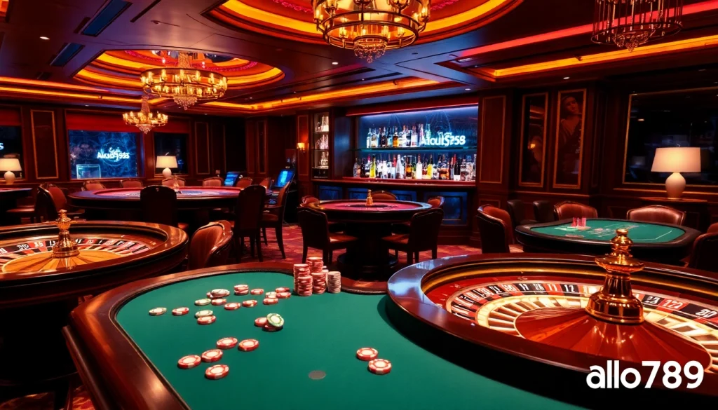 Alo789 offers an exciting casino experience with vibrant poker tables and roulette wheels.
