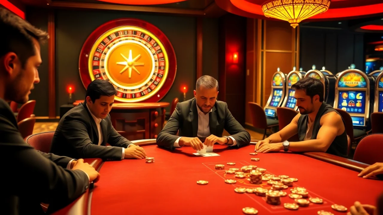 Exciting poker scene at https://tg885.net/ featuring vibrant casino atmosphere and players engaged in the game.