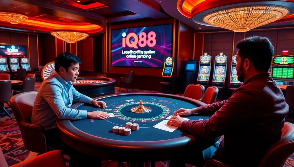 Players enjoying a high-stakes poker game at iq88 with vibrant casino elements.